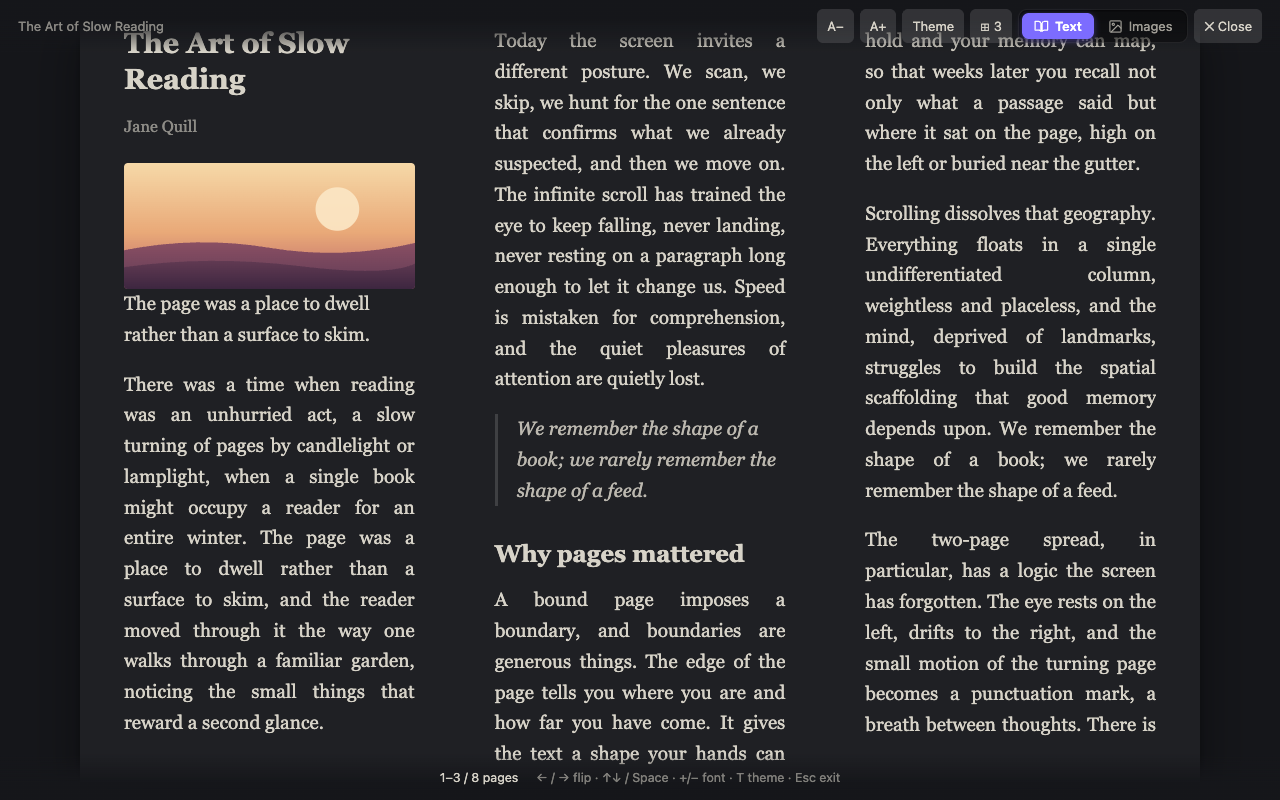 Dark theme, three columns per spread